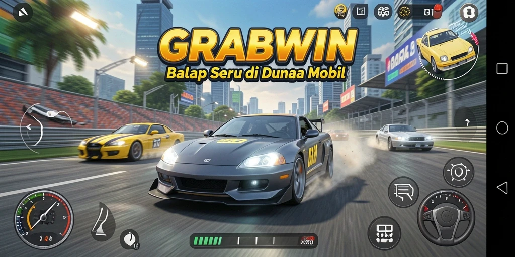 Screenshot gameplay GRABWIN dengan mobil balap di trek menegangkan.