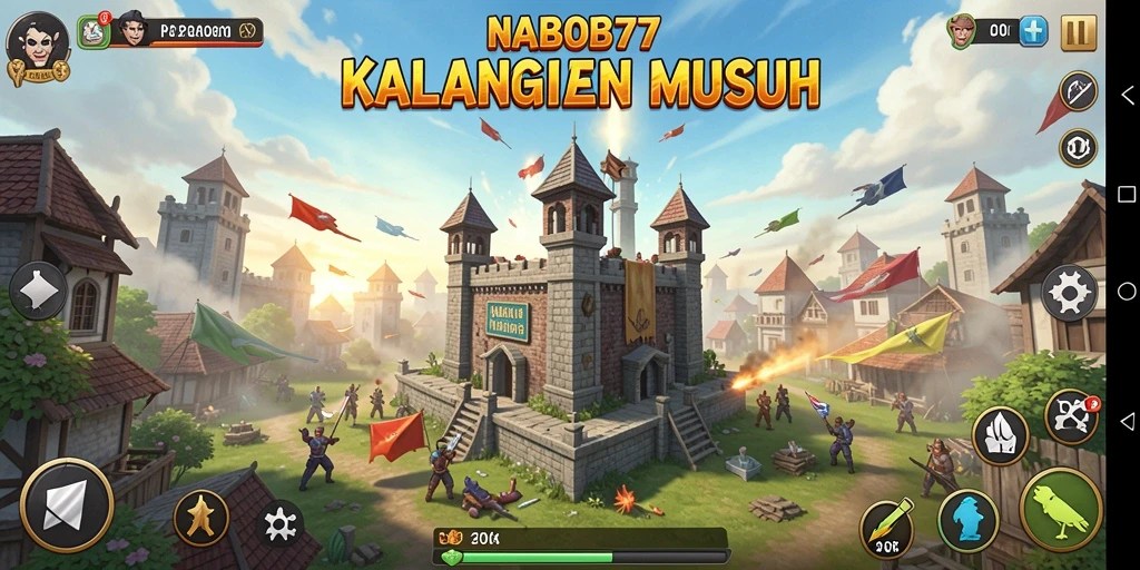 Tampilan gameplay NABOB77 yang menarik dengan menara dan musuh.