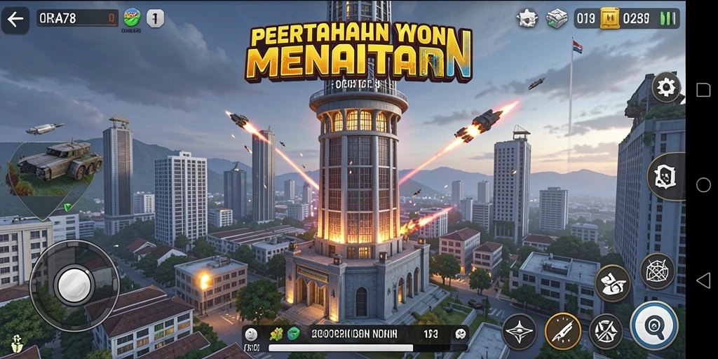 Tampilan gameplay ORA78 dengan menara yang bertahan dari serangan musuh.