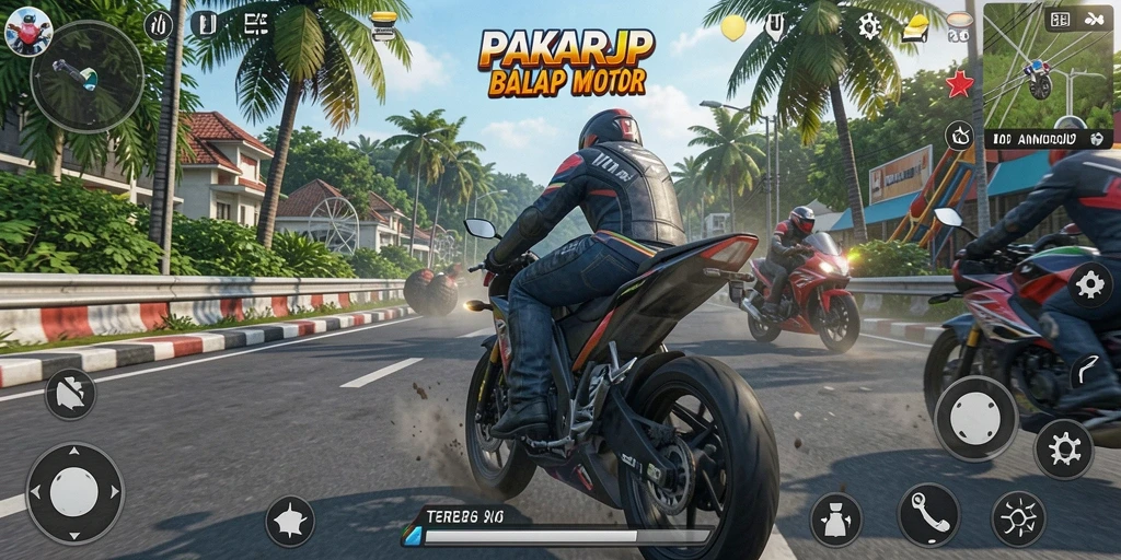 Gameplay PAKARJP menampilkan aksi balapan motor yang mendebarkan.