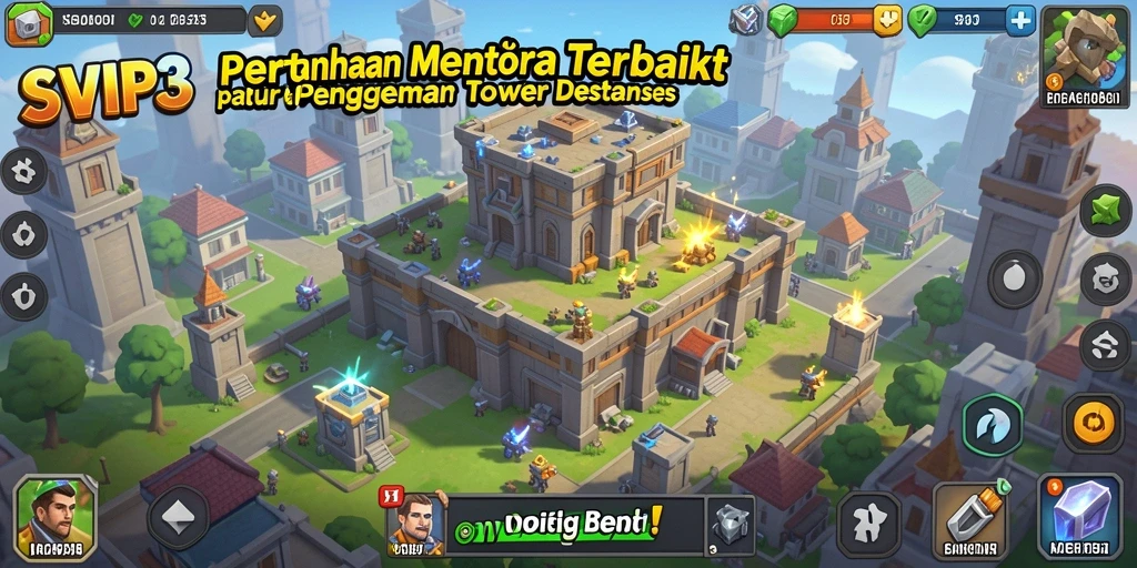 Screenshot SVIP3 menampilkan aksi pertahanan menara yang epik.