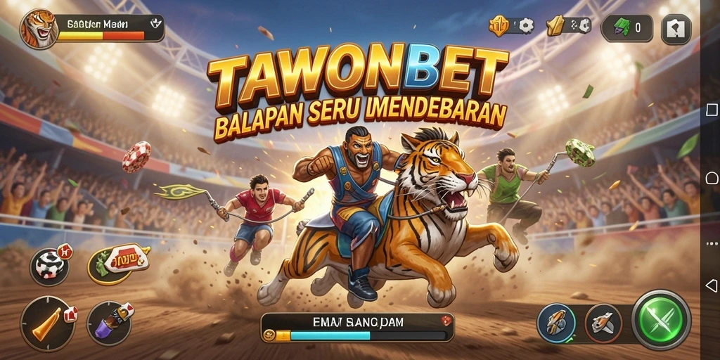 Screenshot utama TAWONBET menampilkan aksi balap mendebarkan di lintasan.