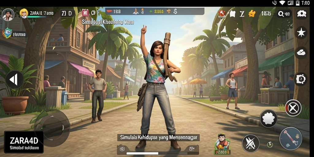 Screenshot utama ZARA4D menampilkan gameplay simulator kehidupan yang seru.